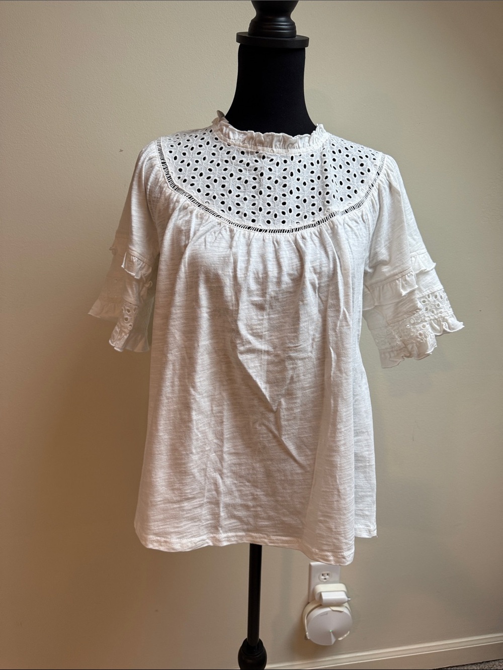 White Eyelet Yoke Ruffle Sleeve Blouse